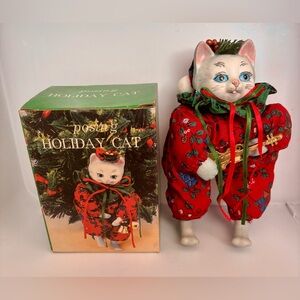 Vintage Posing Holiday Cat Christmas Ornament Ceramic Head/Soft Body